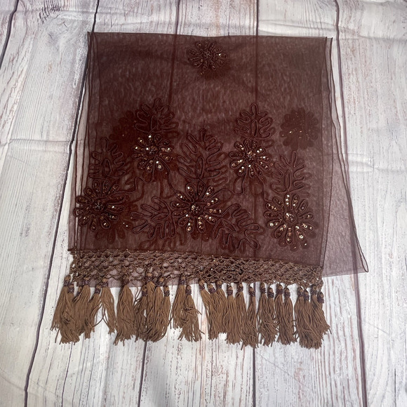 Vintage Rust Lace Mesh Scarf Embroidered Crochet Sequins FairyGrunge Whimsical - Picture 8 of 15